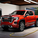 **

Prompt: GMC Sierra EV charging at a Level 2 charging station in a home garage. Show the car plugged in, the charging unit mounted on the wall, and a family going about their evening routine. Emphasize convenience and everyday practicality.

**