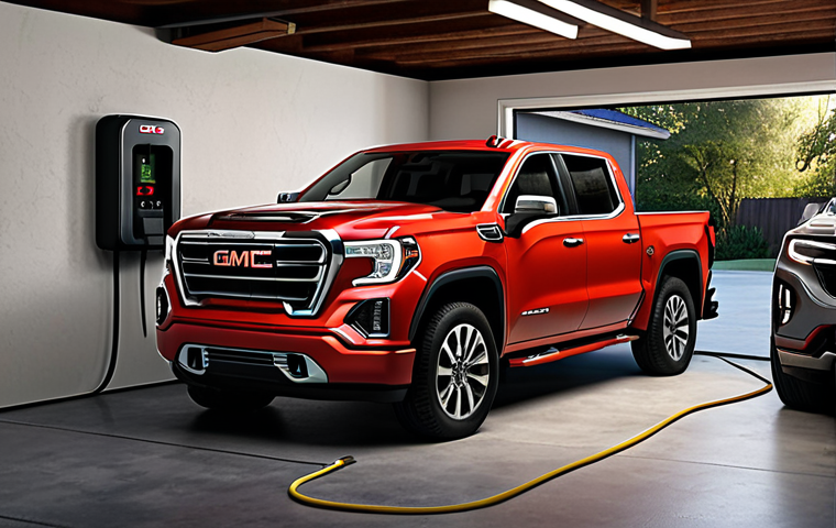 **
Prompt: GMC Sierra EV charging at a Level 2 charging station in a home garage. Show the car plugged in, the charging unit mounted on the wall, and a family going about their evening routine. Emphasize convenience and everyday practicality.
**