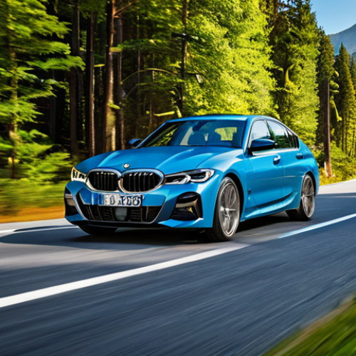 A sleek, modern BMW 3 Series sedan, exterior shot, captured dynamically as it navigates a winding asphalt mountain road. Lush green trees line the scenic route under a clear blue sky. The car exhibits accurate vehicle proportions and flawless design, showcasing its agile handling and natural vehicle stance. Professional automotive photography, high resolution, sharp focus, vibrant colors, realistic textures, cinematic lighting. safe for work, appropriate content, family-friendly.