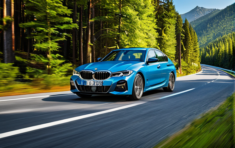 A sleek, modern BMW 3 Series sedan, exterior shot, captured dynamically as it navigates a winding asphalt mountain road. Lush green trees line the scenic route under a clear blue sky. The car exhibits accurate vehicle proportions and flawless design, showcasing its agile handling and natural vehicle stance. Professional automotive photography, high resolution, sharp focus, vibrant colors, realistic textures, cinematic lighting. safe for work, appropriate content, family-friendly.