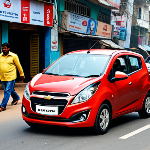 **

A compact Chevrolet Spark parked on a busy city street in India, fully clothed pedestrians walking by, appropriate attire, safe for work, perfect anatomy, natural proportions, daytime, realistic photography, high quality, professional, modest, family-friendly.

**