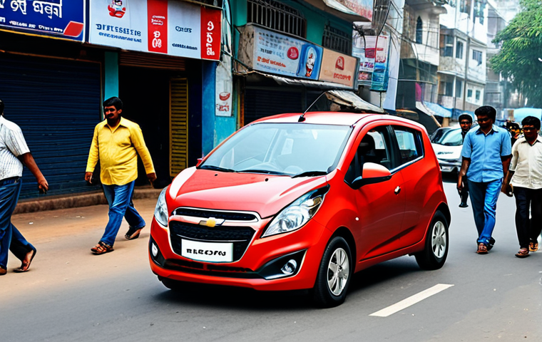 **
A compact Chevrolet Spark parked on a busy city street in India, fully clothed pedestrians walking by, appropriate attire, safe for work, perfect anatomy, natural proportions, daytime, realistic photography, high quality, professional, modest, family-friendly.
**