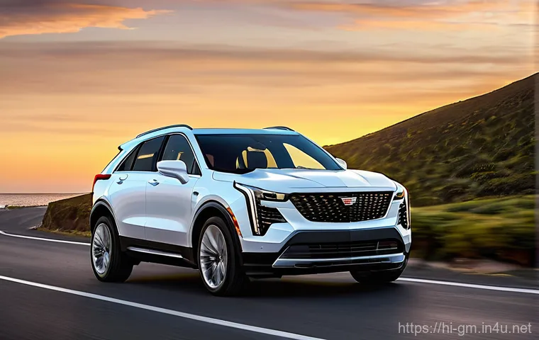 지엠 캐딜락 XT4의 최신 디자인 리뷰 - **Prompt: "A sleek and dynamic front-three-quarter view of the 2024 Cadillac XT4, showcasing its bol...