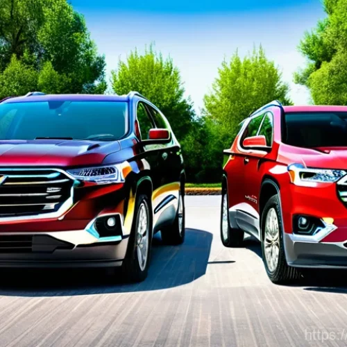 Home 2 지엠 GMC 아카디아와 쉐보레 트래버스 비교 - **Prompt:** "A vivid, dynamic side-by-side comparison showcasing the distinct exterior designs of tw...