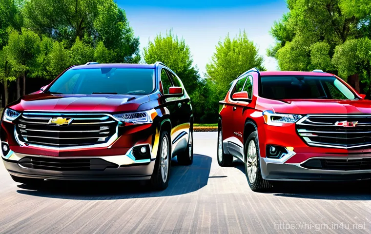 지엠 GMC 아카디아와 쉐보레 트래버스 비교 - **Prompt:** "A vivid, dynamic side-by-side comparison showcasing the distinct exterior designs of tw...