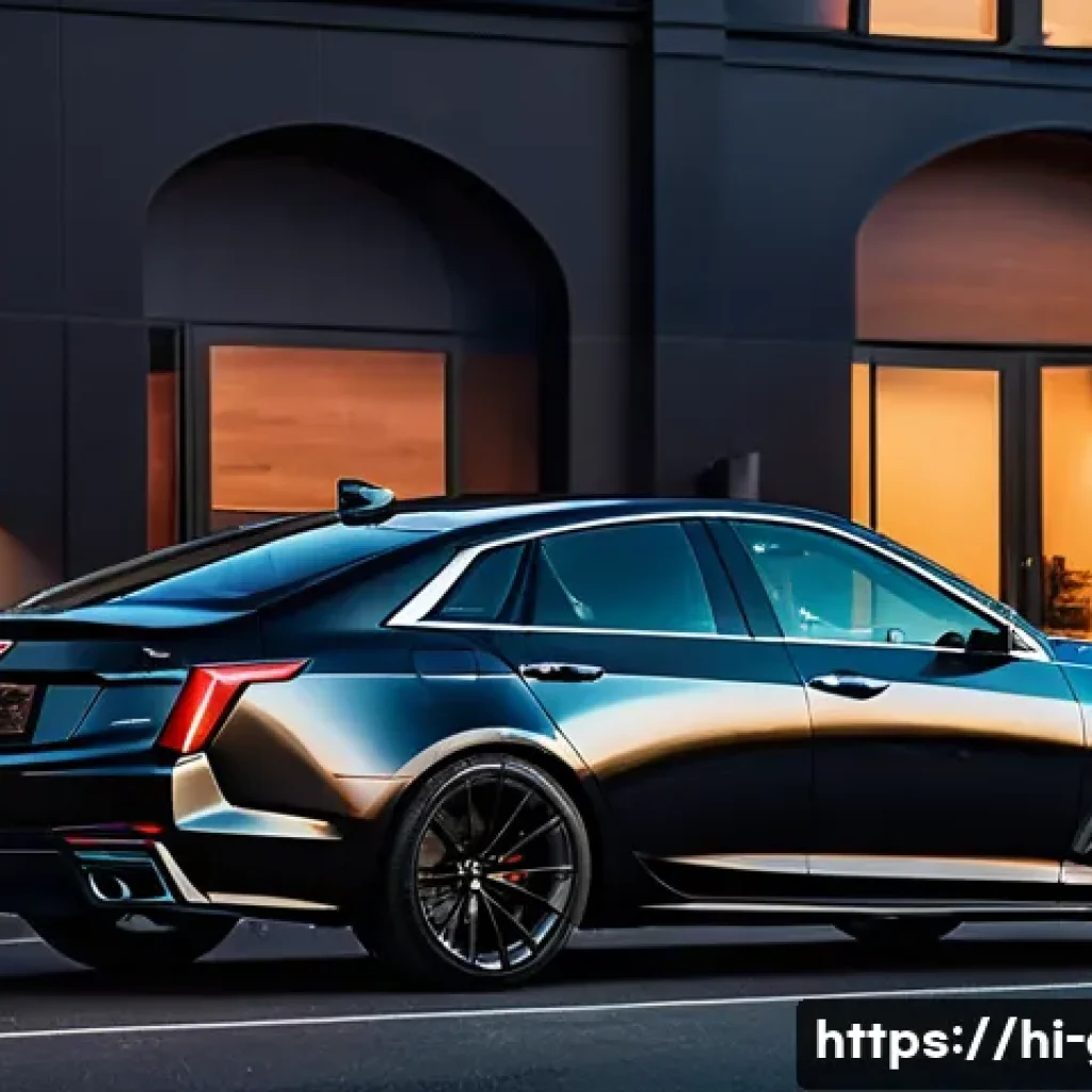 지엠 캐딜락 CT5 V 블랙윙의 고성능 리뷰 - A sleek and aggressive black Cadillac CT5-V Blackwing parked on an urban street at dusk, showcasing ...