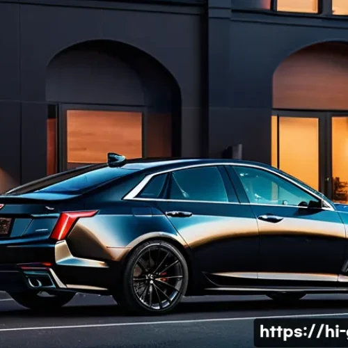지엠 캐딜락 CT5 V 블랙윙의 고성능 리뷰 - A sleek and aggressive black Cadillac CT5-V Blackwing parked on an urban street at dusk, showcasing ...