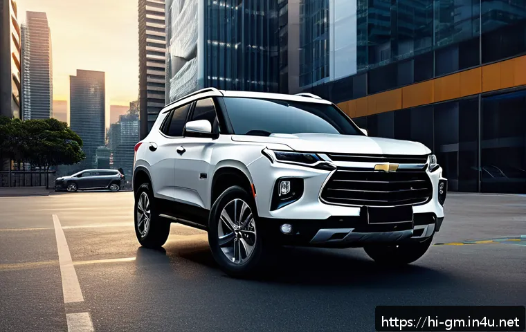 지엠 쉐보레 트레일블레이저의 보험료 계산 - A detailed scene showing a modern Chevrolet Trailblazer SUV parked in a secure urban parking lot at ...