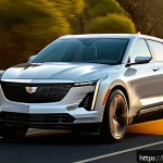 지엠 캐딜락 LYRIQ 전기차 리뷰 - A sleek Cadillac LYRIQ electric car driving on a highway at sunset, showcasing its slim LED headligh...