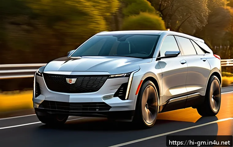 지엠 캐딜락 LYRIQ 전기차 리뷰 - A sleek Cadillac LYRIQ electric car driving on a highway at sunset, showcasing its slim LED headligh...