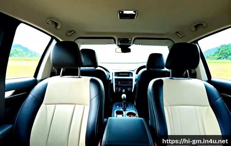 지엠 쉐보레 트레일블레이저의 내부 공간 - Photorealistic wide-angle view of a modern compact SUV interior, emphasizing generous rear-seat legr...